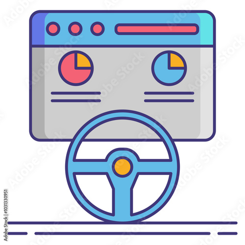 Illustration of a browser window with a pie chart and a steering wheel.