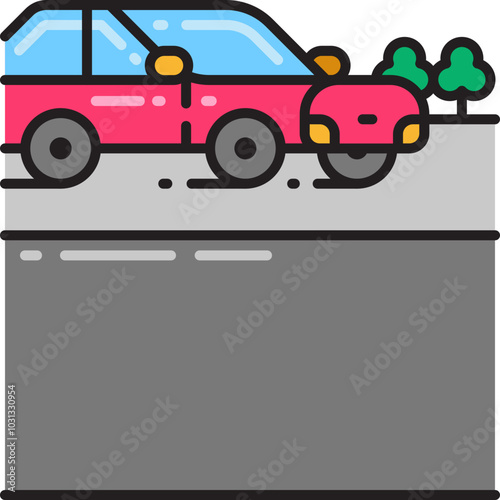 A red car driving on a grey road with trees in the background.