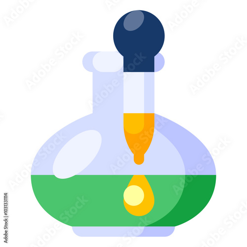 A blue and white glass beaker with a yellow dropper full of liquid isolated on a white background.