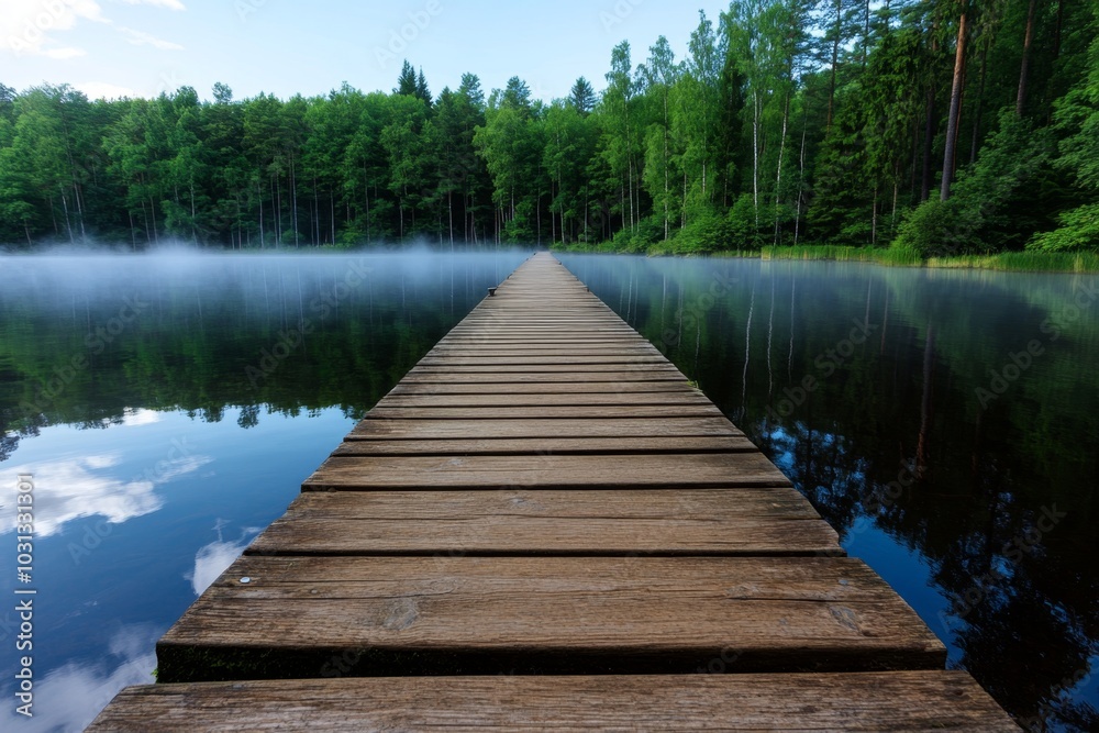 Obraz premium An old wooden pier extending into a misty lake, creating a sense of solitude