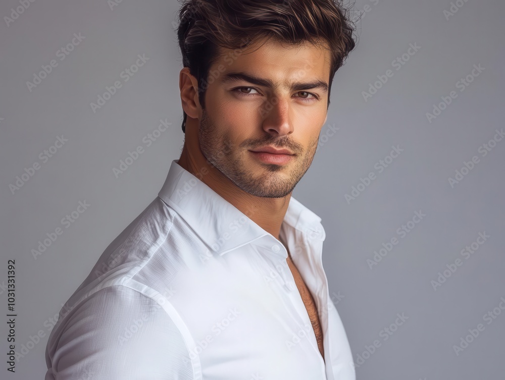 young man in a stylish white shirt striking a pose against a soft gray background, showcasing confidence and modern fashion sensibilities young man in a stylish white shirt striking a pose against a soft gray background, showcasing confidence and modern fashion sensibilities