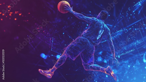 A dynamic and vibrant silhouette of a basketball player in mid-air, showcasing athleticism and energy through a stylized design with colorful effects.