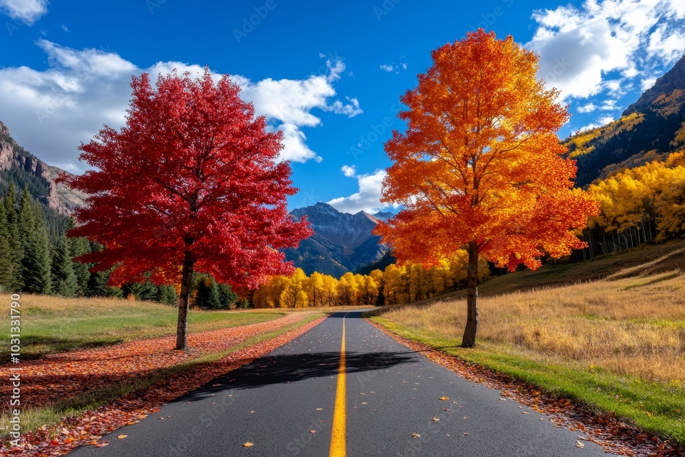 Autumn in the Rockies, with vibrant red and gold trees lining the slopes Autumn in the Rockies, with vibrant red and gold trees lining the slopes