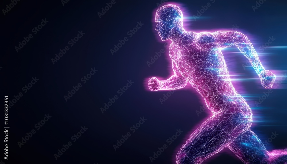 A dynamic digital illustration of a man running, embodying a futuristic and technological aesthetic, showcasing energy and movement in vibrant colors. A dynamic digital illustration of a man running, embodying a futuristic and technological aesthetic, showcasing energy and movement in vibrant colors.