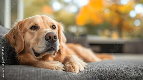 A golden retriever relaxing...