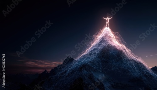 A stunning depiction of an illuminated hologram man standing triumphantly on a mountain peak, surrounded by glowing lines in a dramatic night landscape.