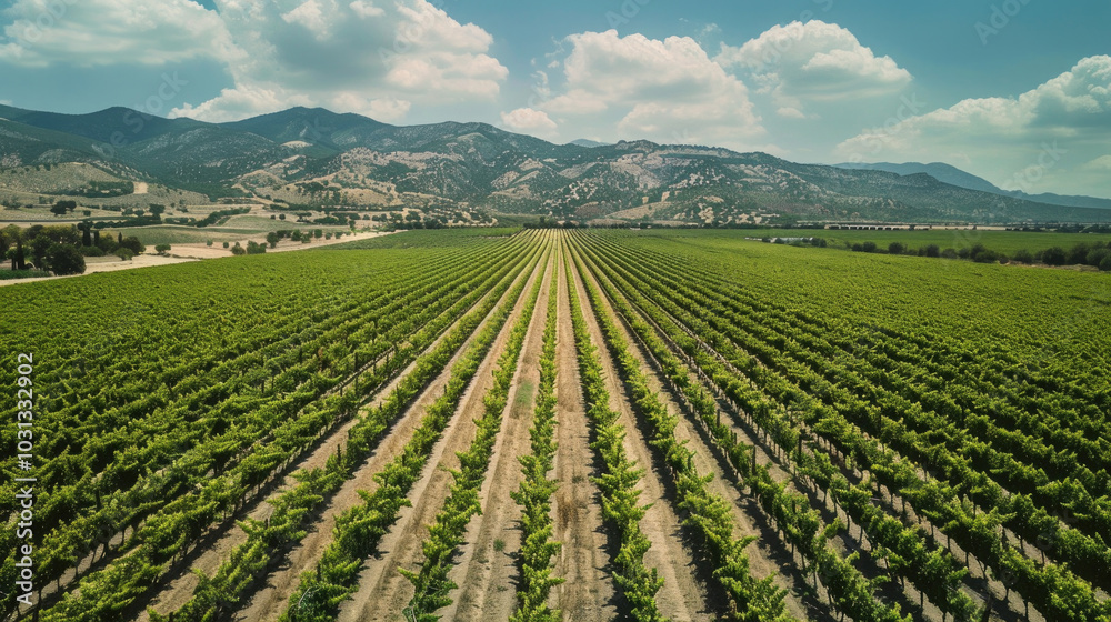 Aerial View of Expansive Vineyard with Lush Green Rows Under a Clear Blue Sky and Rolling Hills in the Background Aerial View of Expansive Vineyard with Lush Green Rows Under a Clear Blue Sky and Rolling Hills in the Background