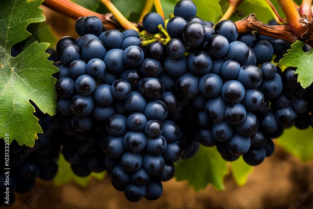Dark grapes cascading from a vine, with soft highlights and shadows Dark grapes cascading from a vine, with soft highlights and shadows