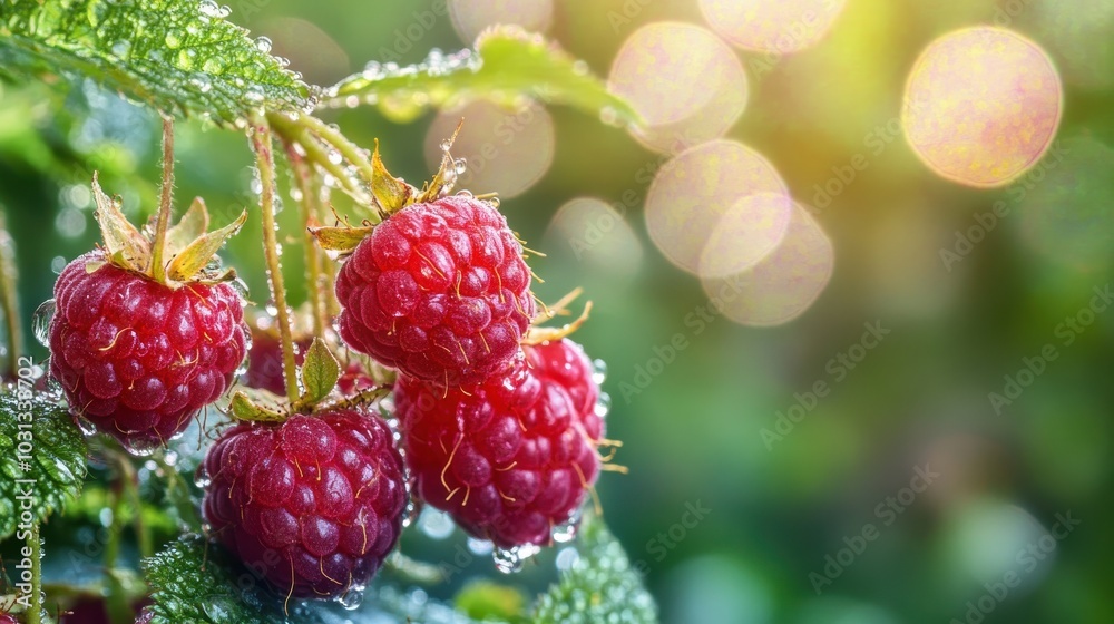 A bunch of red raspberries hanging from a tree A bunch of red raspberries hanging from a tree