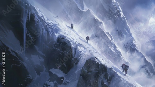 Climbers navigating the challenging Lhotse Face on icy slopes during an ascent in the Himalayas