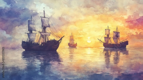 Wallpaper Mural Christopher Columbus' ships Nina, Pinta, and Santa Maria sail across a calm ocean at sunrise in detailed watercolor style Torontodigital.ca
