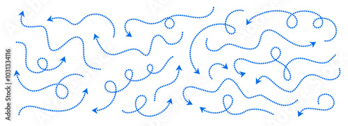 Comic dotted thin arrow set. Blue curved dashed pointer collection. Squiggle sketchy direction lines. Dots squiggle loop stripe design elements bundle for flyer, poster, brochure, banner. Vector