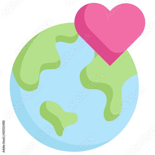 A pink heart sits atop a green and blue globe, representing love for the planet.
