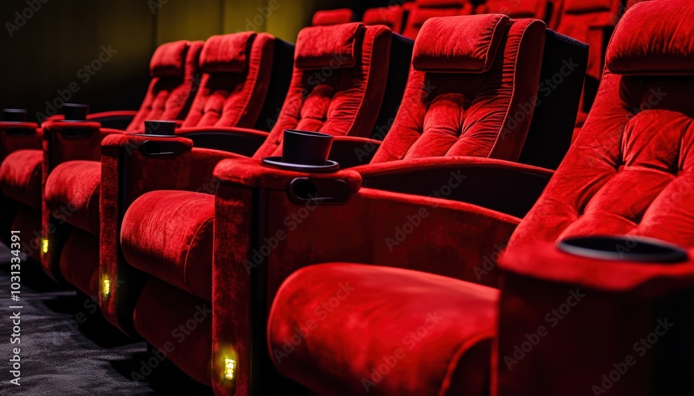 Obraz premium This image showcases a row of plush red cinema chairs, designed for comfort in a modern theater setting. The vibrant color enhances the inviting ambiance.