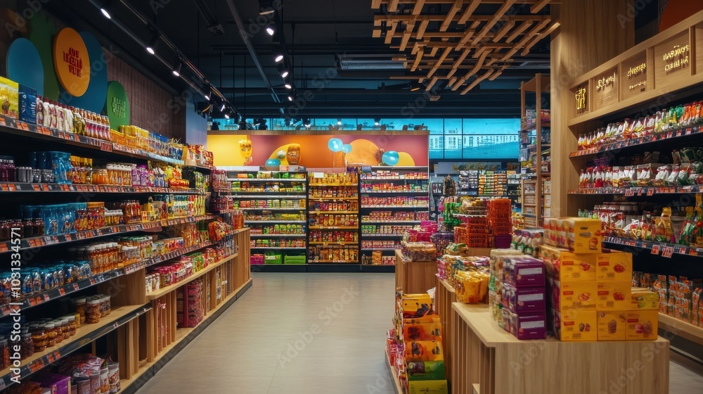 Naklejka premium A large store with many shelves of snacks and candy