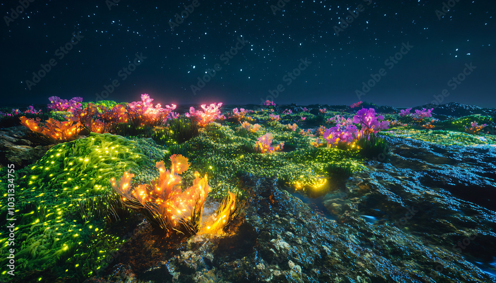Fototapeta premium A coastal garden submerged by the tide each day, where bioluminescent seaweed blooms underwater during high tide and drapes the rocks in vibrant green during low tide