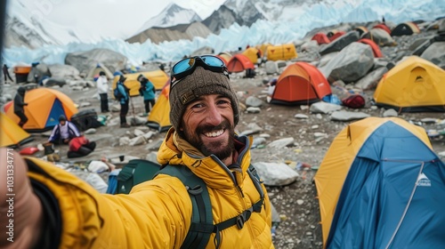 An adventurer cheerfully takes a selfie at Mount Everest base camp, capturing the spirit of exploration amidst colorful tents and breathtaking scenery photo