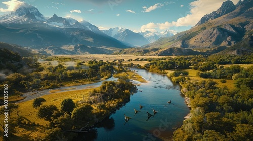 Fototapeta Naklejka Na Ścianę i Meble -  Aerial view of lush Patagonian valley showcasing dinosaurs crossing a river with mountains and forests in the background