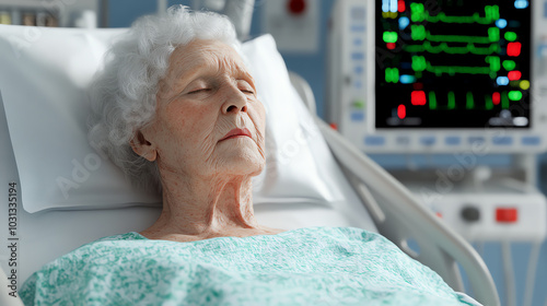 An elderly woman peacefully resting in a hospital bed, surrounded by medical equipment. The serene expression highlights the importance of care in healthcare environments. photo