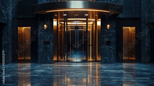 Modern lobby entrance with revolving doors and marble walls.