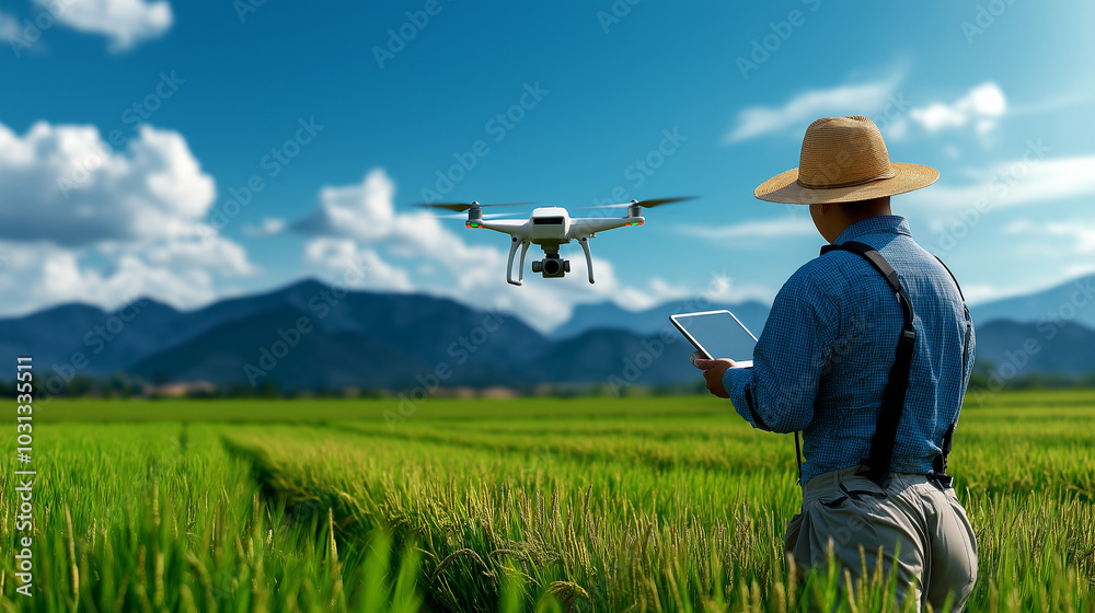 A farmer in a rice field using an advanced drone to monitor crops, with a scenic background of mountains A farmer in a rice field using an advanced drone to monitor crops, with a scenic background of mountains