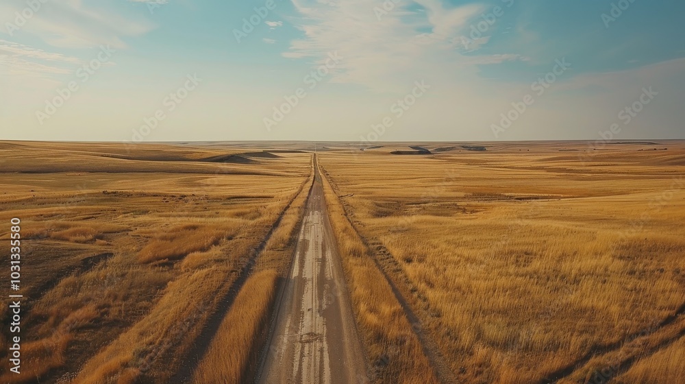 Fototapeta premium A long road stretches across a dry, barren landscape. The sky is clear and blue, and the sun is shining brightly. The road is empty, with no cars or people in sight. The scene is peaceful and serene