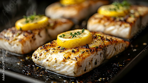 Grilled fish fillets garnis...