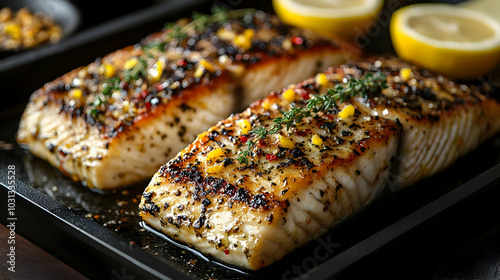 Grilled fish fillets garnis...