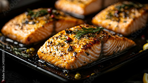 Grilled salmon fillets garn...