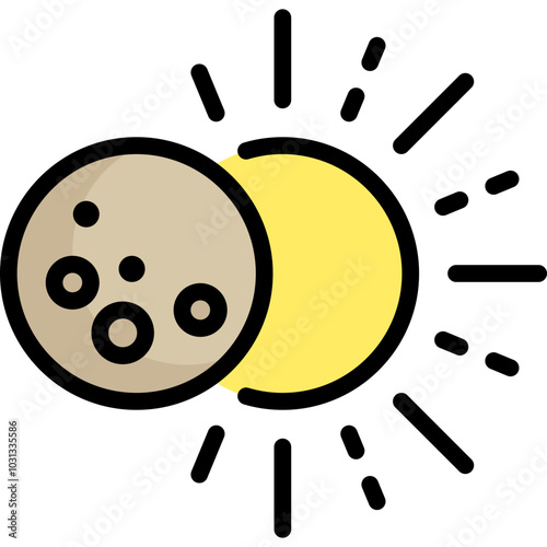 A cartoon illustration of a sun and a moon, partially overlapping. The sun is yellow and has rays. The moon is gray with dark spots.