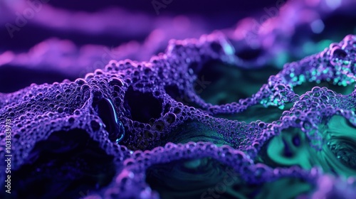 Close-up of iridescent bubbles in a swirling liquid with vibrant purple and green hues.