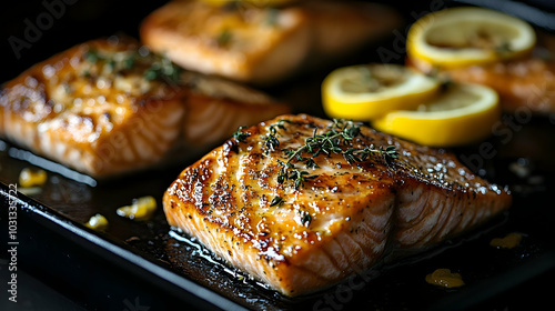Grilled salmon fillets garn...