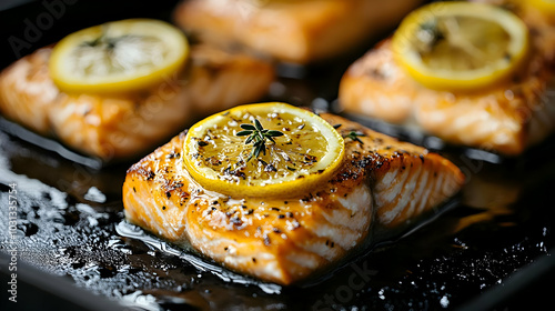 Grilled salmon fillets topp...