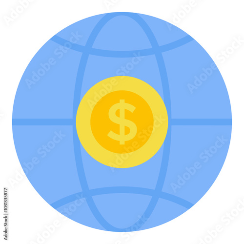 A globe with a gold coin with a dollar sign in the center.