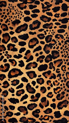 Leopard print pattern with black spots. Full-frame image of a leopard print pattern featuring bold black spots on a golden-brown background, showcasing the animal's distinctive markings.