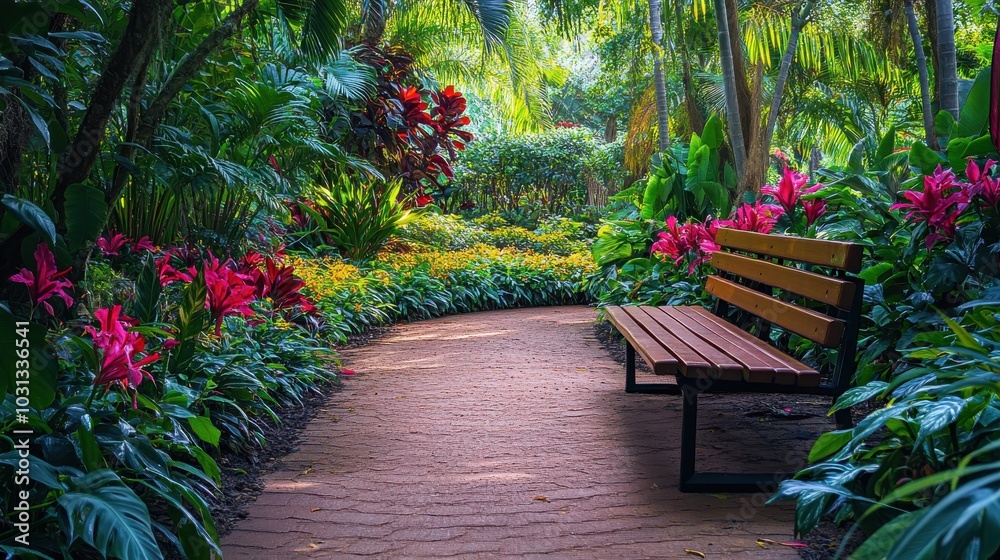 Obraz premium A path with a bench in the middle of a lush green garden