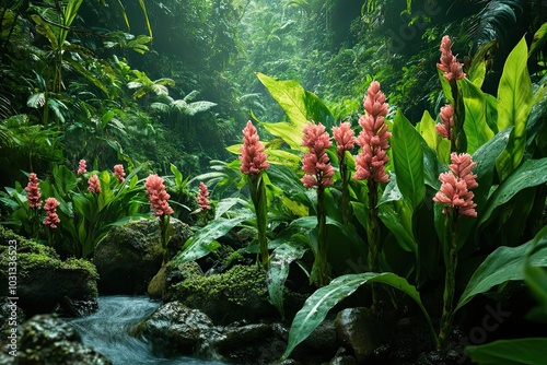 Pink Flowers Blooming in a Lush Rainforest Setting photo