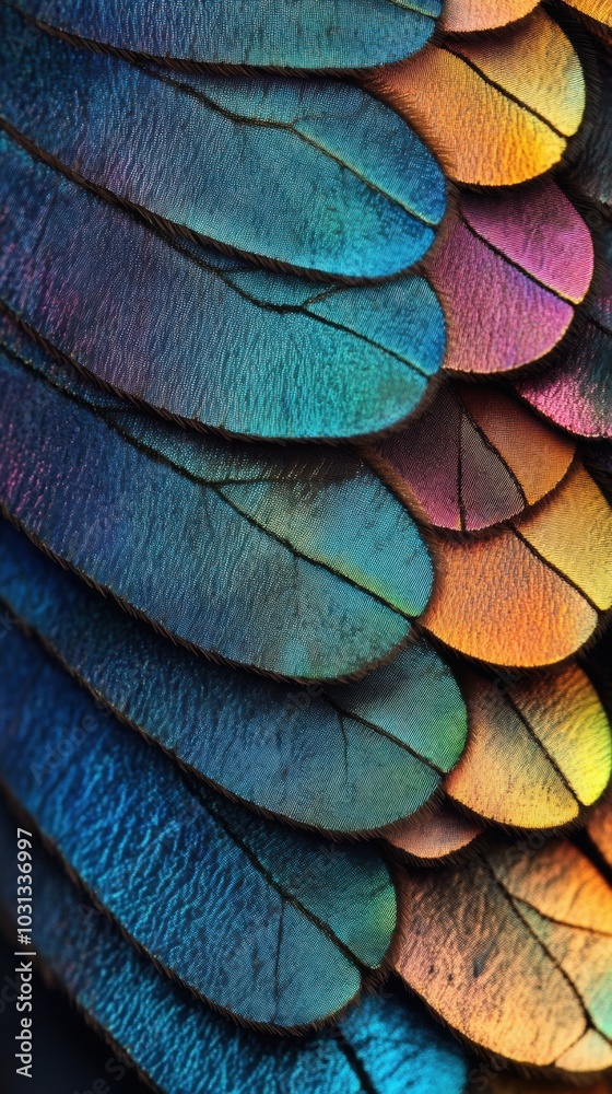 Obraz premium Vibrant Butterfly Scales, intricate textures and vivid colors revealed through extreme magnification, showcasing nature's delicate artistry
