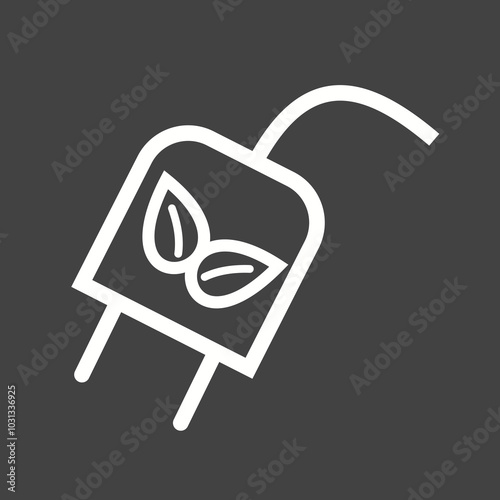 White outline of a tea bag with two leaves inside, with a white string hanging out, on a grey background.