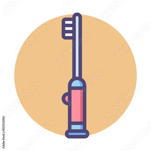 Cartoon illustration of a toothbrush with a pink handle and blue bristles on a peach background.