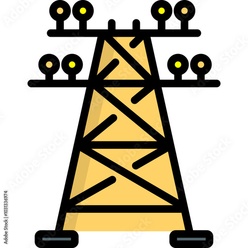 A simple cartoon style illustration of an electricity pylon with three power lines and insulators.