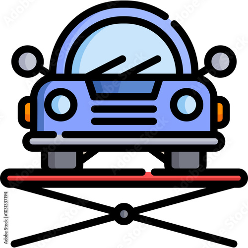 A cartoon illustration of a purple car with headlights and windshield wipers.