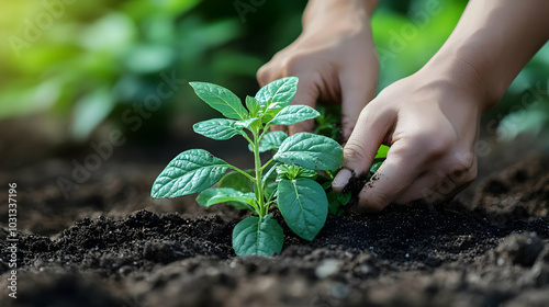 Hands planting a young gree...