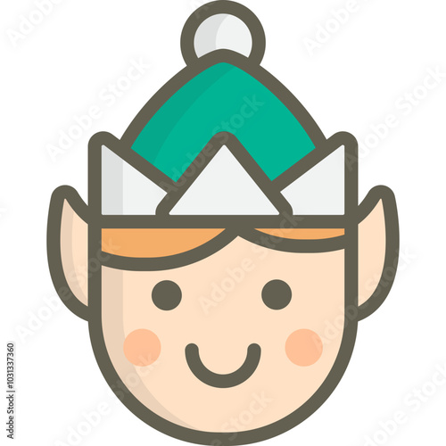 An illustrated head and shoulders of an elf with a green and white hat.