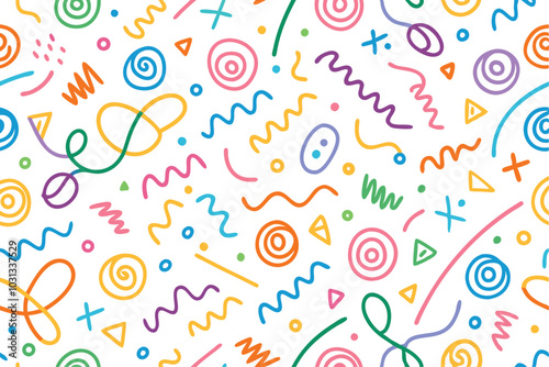 Colorful Line Doodle Seamless Pattern, Fun Scribble Design for Kids isolated on white background.