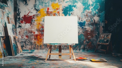 A blank canvas on an easel in a messy art studio with paint splattered walls and other canvases in the background. photo