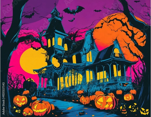 Spooky haunted house surrounded by glowing pumpkins under a full moon on Halloween night