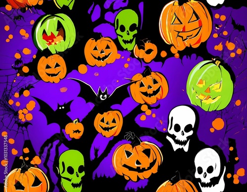 Colorful Halloween decorations featuring carved pumpkins, bats, and skulls on a purple background with spider webs