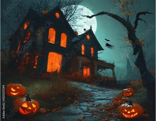 Spooky haunted house illuminated by glowing jack-o'-lanterns against a full moon backdrop during Halloween night
