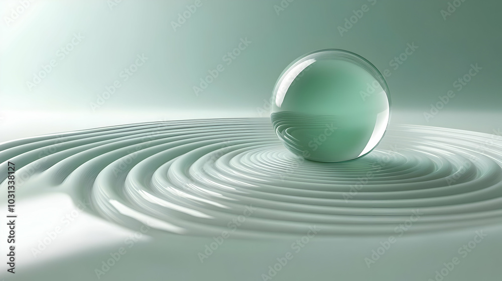 A glass sphere resting on rippling surface, evoking calmness. A glass sphere resting on rippling surface, evoking calmness.